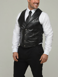 Leather waistcoat back view with adjustable rear , Leatherotics cinch buckle