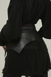 Back view of black leather obi belt showing adjustable fastening
