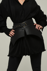 Front view of adjustable leather obi belt with structured fit