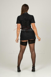 Rear view showing lace-up back on black mini dress