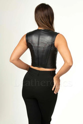 Rear view of the leather tank top corset showing the adjustable ribbon lacing and reinforced metal eyelets, designed for waist cinching and a custom fit.