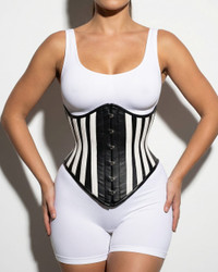 Leather corset cincher black and white side view structured fit