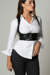 Close-up of the heavy-duty silver-tone buckles and reinforced eyelets on the wide leather waist belt.