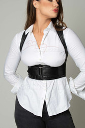 Front view of a black leather sleeveless top featuring an integrated wide waist belt with three adjustable silver buckle closures for added support and a cinched silhouette.