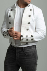 Short Cropped White Men's Jacket with silver metal buttons