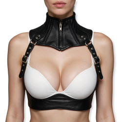 Model wearing the Midnight Eclipse genuine leather neck corset with front zipper, adjustable harness straps, and premium leather craftsmanship.