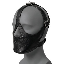 Sentinel genuine leather muzzle mask with integrated neck collar, adjustable head straps, and buckle closures.