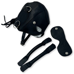 genuine leather hood with removable eye covers and interchangeable accessories displayed alongside the handcrafted black leather hood.