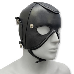 Obsidian Black nappa leather hood front view featuring removable eye covers with press studs, adjustable chin strap, and premium black leather construction.
