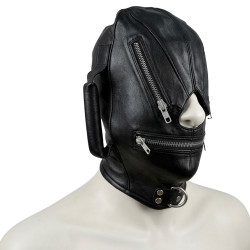 Phantom genuine leather zip hood featuring independent eye and mouth zipper openings, reinforced side handle, front D-ring, and handcrafted black leather construction.