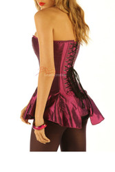 Side profile of purple satin corset dress with Victorian overbust design and hourglass silhouette