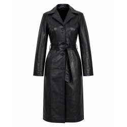 Women’s Long Black Genuine Leather Trench Coat with Belt - Font