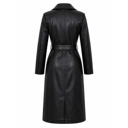 Women’s Long Black Genuine Leather Trench Coat with Belt - Back