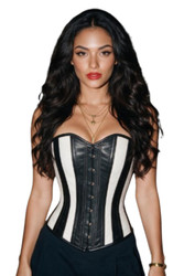 Front view of black leather steel boned corset with busk fastening