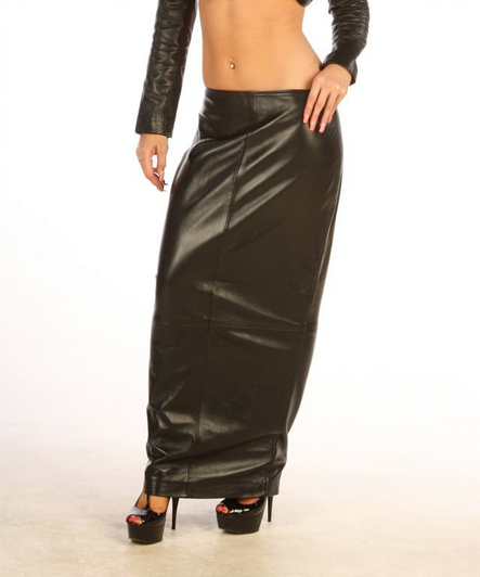 Black Leather Maxi Skirt with Slit - Front View