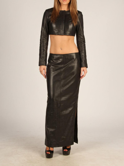 Black Leather Maxi Skirt with Slit - Front