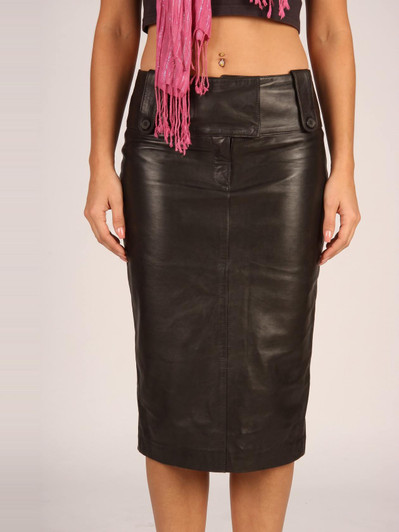 Black Leather Midi Skirt - Front