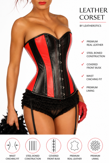 black and red combination steel boned leathre corset