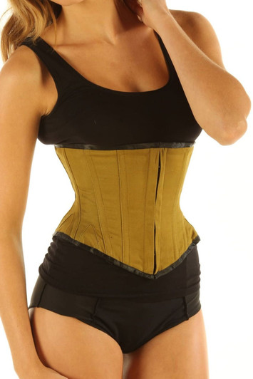Front view of green cotton steel boned underbust corset with busk fastening