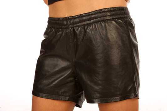 Front view of unisex black leather boxer shorts with relaxed fit and premium soft leather