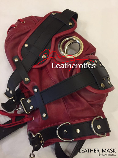 Red Full Grain Leather Mask hood soft supple M6