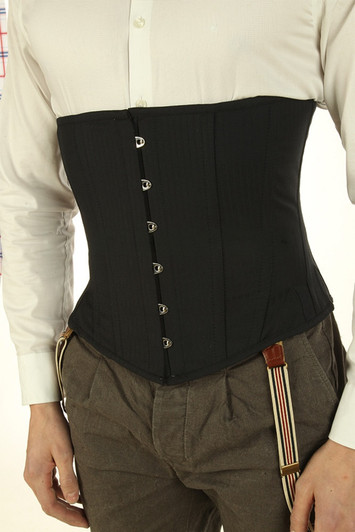 Front view of men's black underbust corset with steel busk closure and structured steel boning
