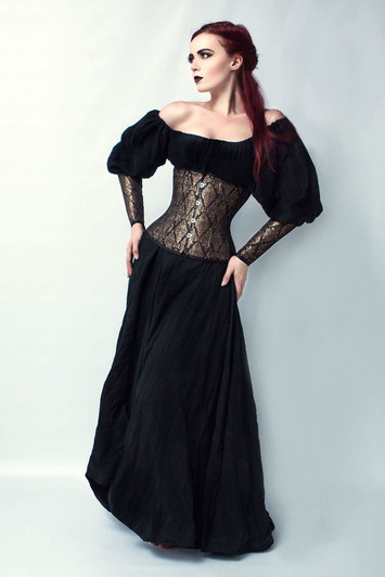 Front view of gold brocade steel boned underbust corset with black satin panels