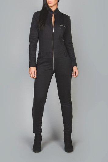 Front view of elegant black cotton catsuit with zip fastening