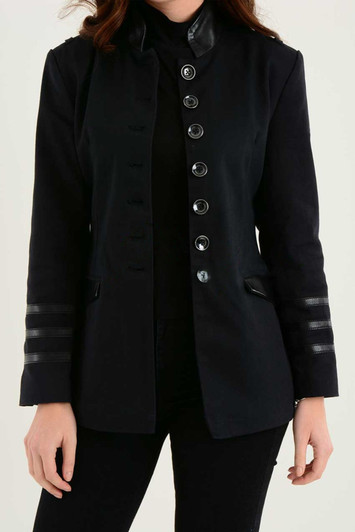 front profile of women's black cotton military style smart blazer