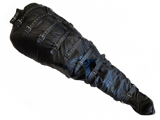 Form-fitting black full-grain leather wrap-around body bag bondage sack B4 with heavy-duty adjustable front restraint belts