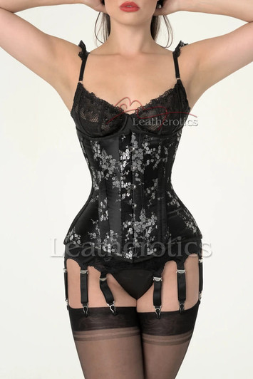 Front view of the Leatherotics Strong Black Cherry Blossom Silk Underbust Corset, featuring intricate silver cherry blossom embroidery on premium black silk.