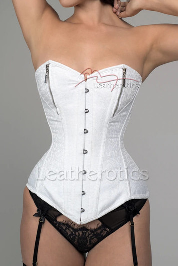 Front view of the Leatherotics White Bridal Overbust Corset, featuring premium white satin fabric and a traditional front busk closure for a classic wedding silhouette.
