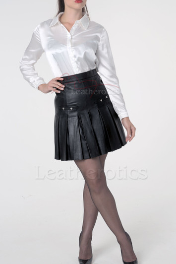 Black Leather pleated Mini skirt above knee length