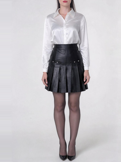 Black Leather Pleated Skirt Mini - Front