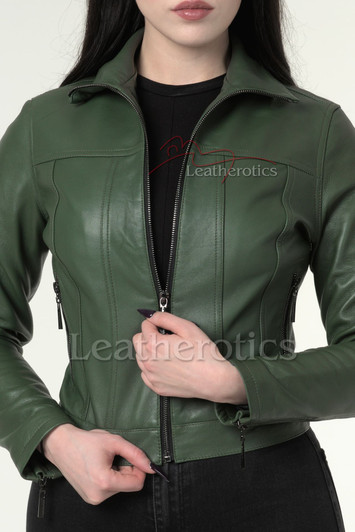 Green leather top jacket, Leatherotics waist length leather jacket top green cropped style women”