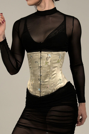 Front view of women's ivory floral underbust corset