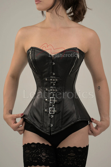 Front view of the Leatherotics Overbust Leather Corset in premium black leather, featuring four adjustable front-facing buckles and an industrial steampunk design.