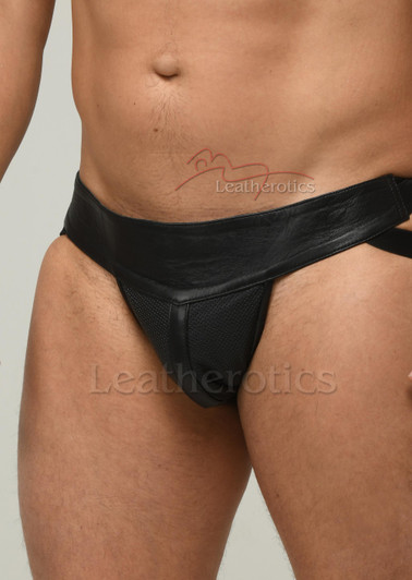 Perforated Black Leather Jock Pouch Underwear - front