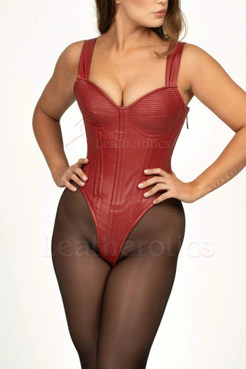 Full front view of the Leatherotics Red Leather Corset Bodysuit 1281 featuring a sculpted overbust silhouette and premium red leather finish.