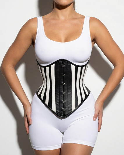 Underbust leather corset UK black white waist shaper close fit
Leather corset cincher black and white side view structured fit