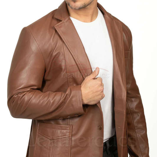 Brown Leather Men's Blazer with notch lapel