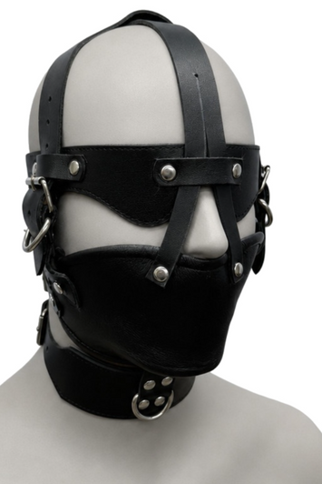 Obsidian genuine leather hood mask with integrated eye shield, lower face mask, adjustable straps, and front D-ring collar.
