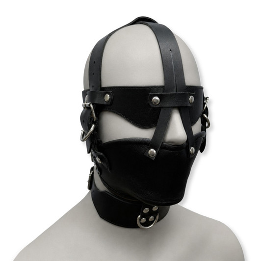 Obsidian genuine leather hood mask with integrated eye shield, lower face mask, adjustable straps, and front D-ring collar.