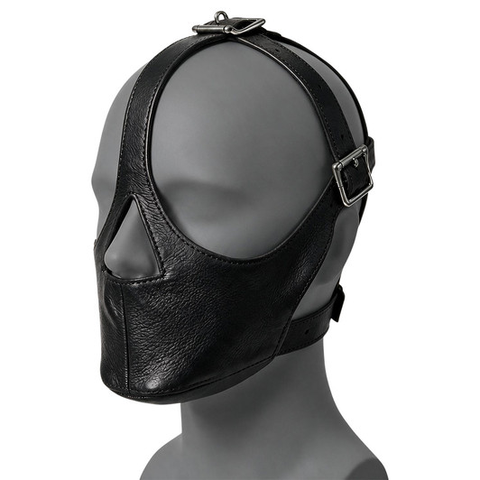 Sentinel genuine leather muzzle mask with integrated neck collar, adjustable head straps, and buckle closures.