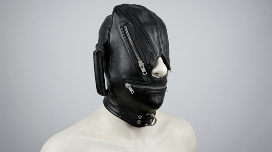 Phantom genuine leather zip hood featuring independent eye and mouth zipper openings, reinforced side handle, front D-ring, and handcrafted black leather construction.