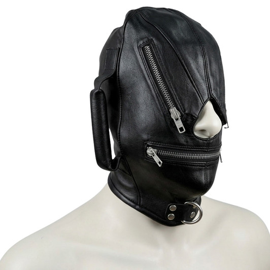 Phantom genuine leather zip hood featuring independent eye and mouth zipper openings, reinforced side handle, front D-ring, and handcrafted black leather construction.