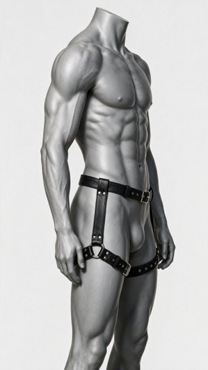 Men's leather below-waist harness with O-ring and buckled thigh strap – side view