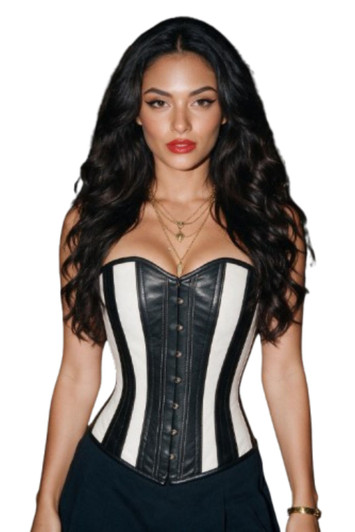 Front view of black leather steel boned corset with busk fastening