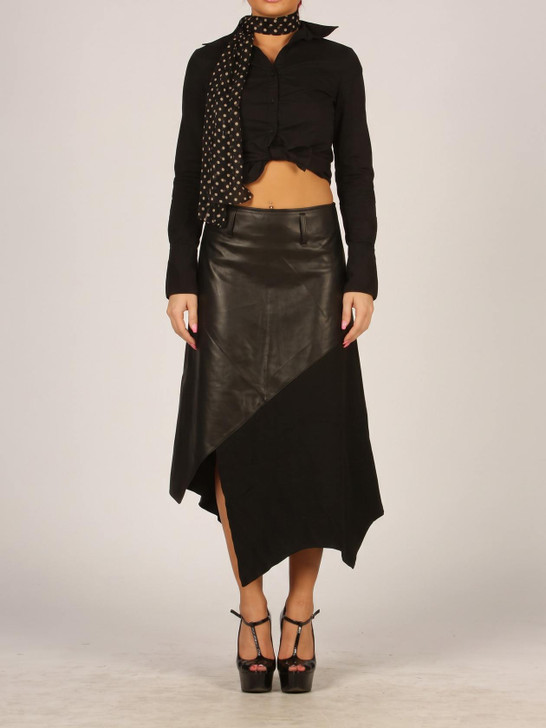 Real Leather and Wool Panelled Skirt