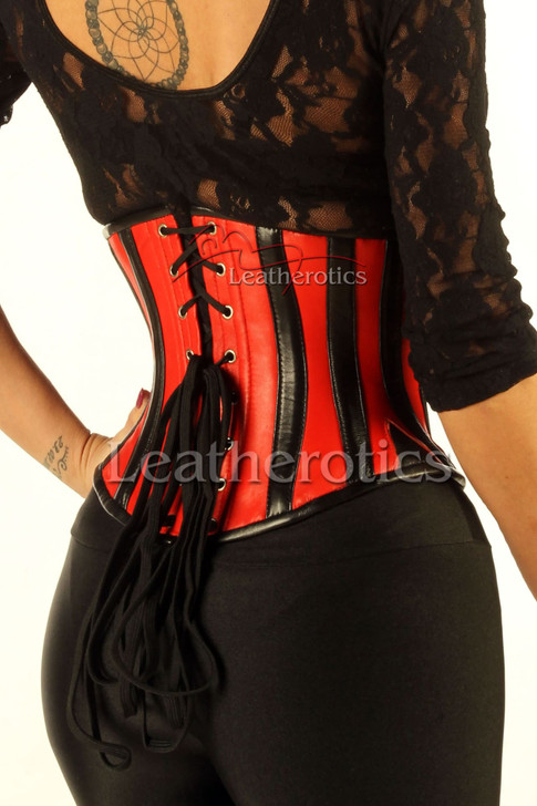 Underbust Leather Corset Cinched Red and Black Combo E3